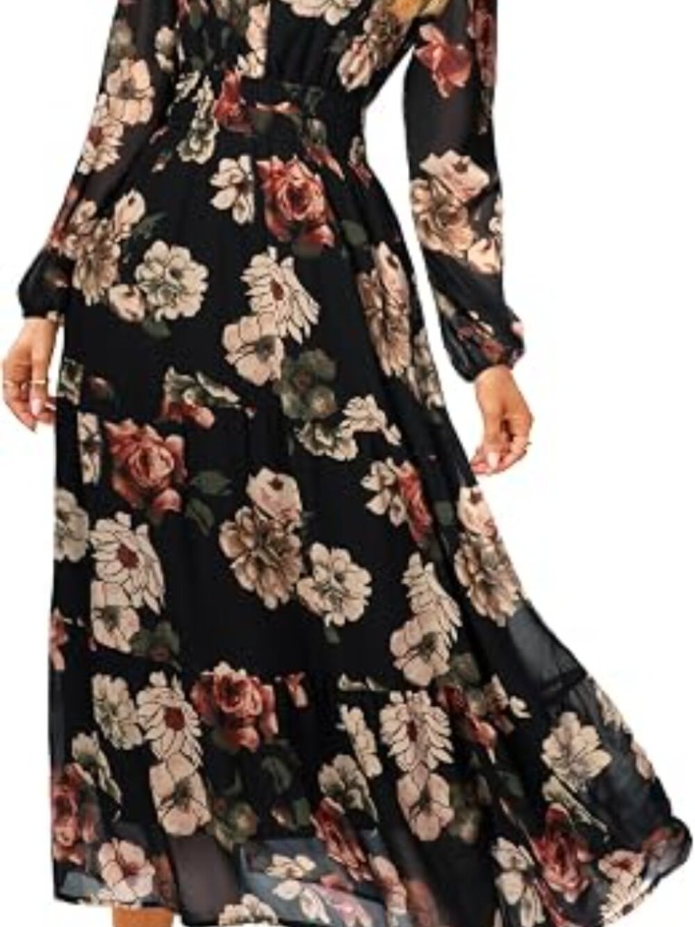 Women's Floral Boho Long Sleeve Maxi Dress V Neck Empire Waist Swing Flowy Weddi - Picture 4 of 4